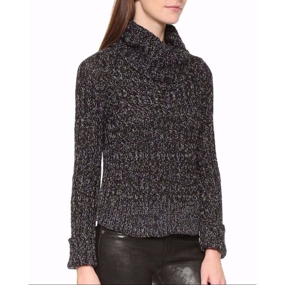 Free People Sweaters - FREE PEOPLE Black White Marled Cable Knit Cropped Turtleneck Sweater Size Large
